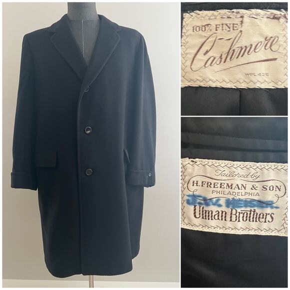 VTG Hickey Freeman Cashmere Black Overcoat Union Label Size 42 JP